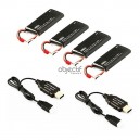 Pack 4 batteries LiPo 2S 7,4V 610mAh 15C avec 2 chargeurs USB HUBSAN H502E/S