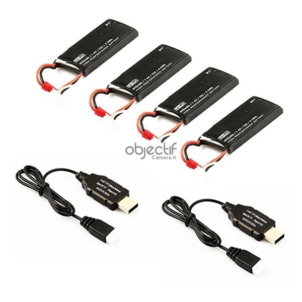 Pack 4 batteries LiPo 2S 7,4V 610mAh 15C avec 2 chargeurs USB